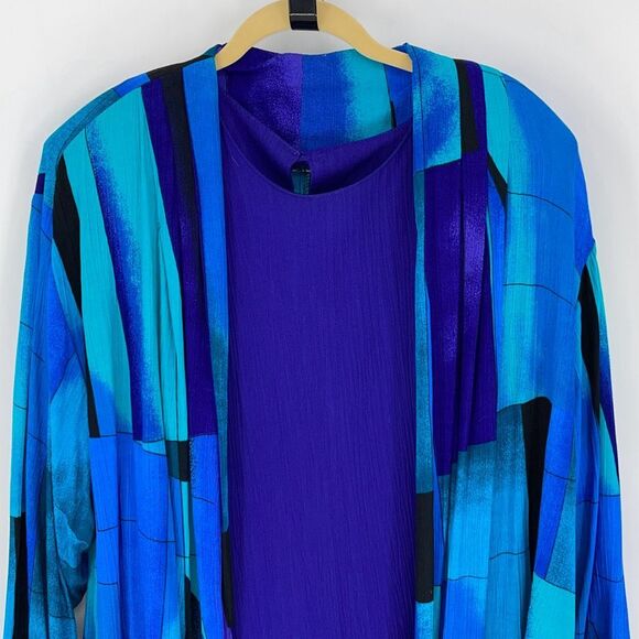 Womens 2 Pc Set Short Sleeve Blouse Printed Duster Cardigan Blue Purple Size 3X - Picture 3 of 10